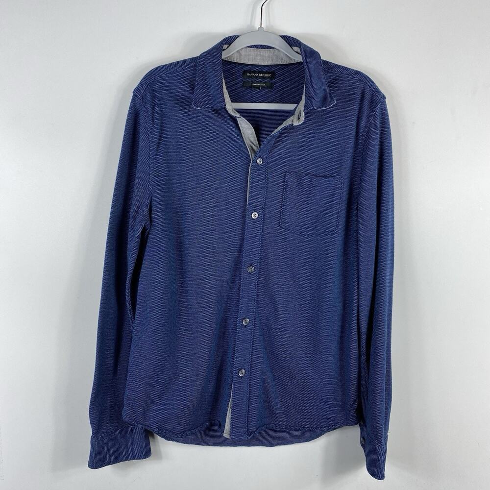 Banana Republic Polo Shirt Men's Medium Blue Textured Long Sleeve Standard Fit